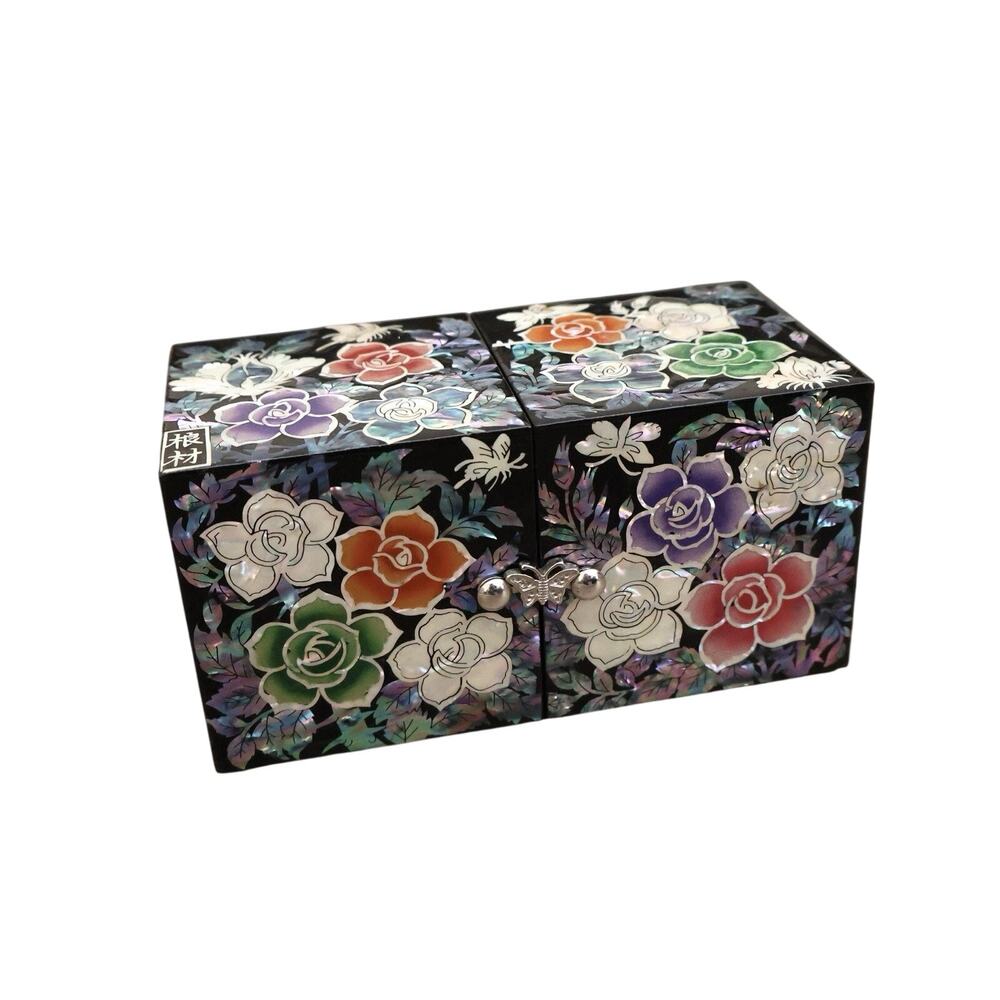 Vintage Korean Lacquerware Mother of Pearl Inlay Iridescent Floral Trinket Box